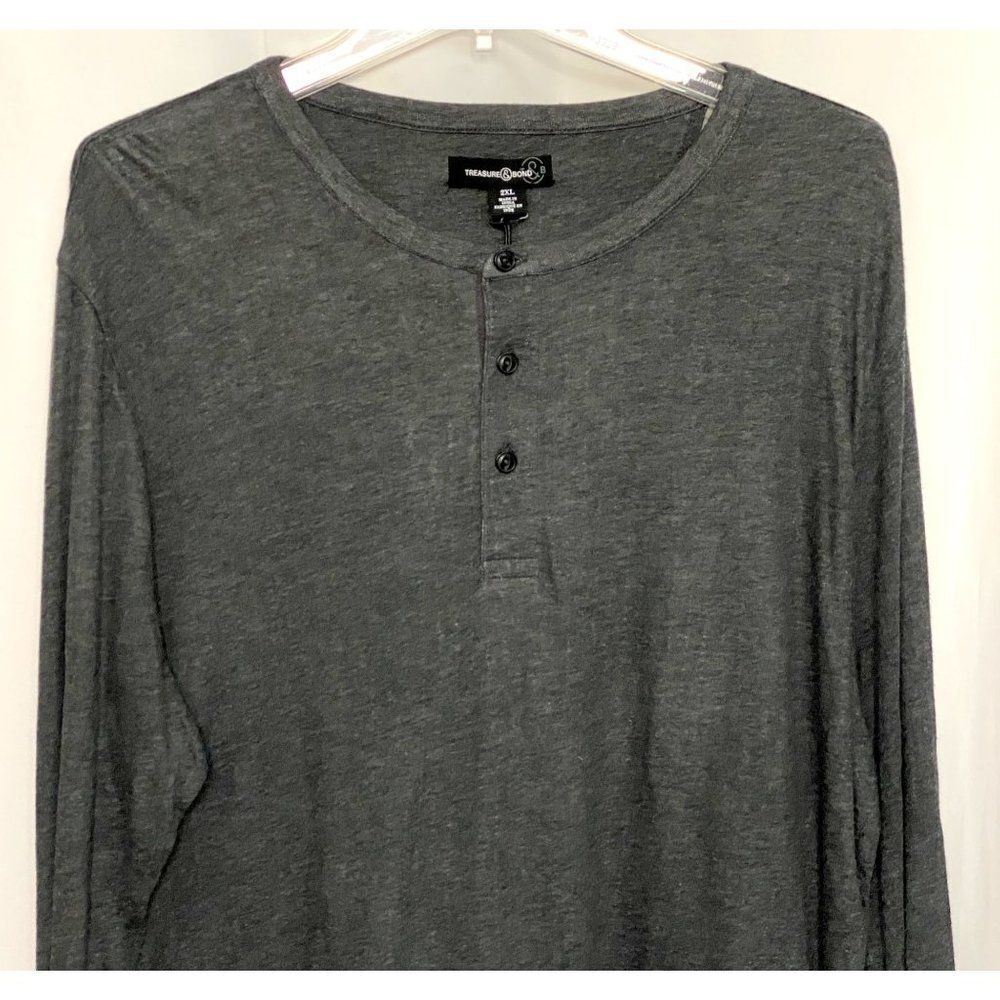 Treasure Bond Mens 2XL 3 Button Long Sleeve Henley Dark Charcoal Heather Tee NEW